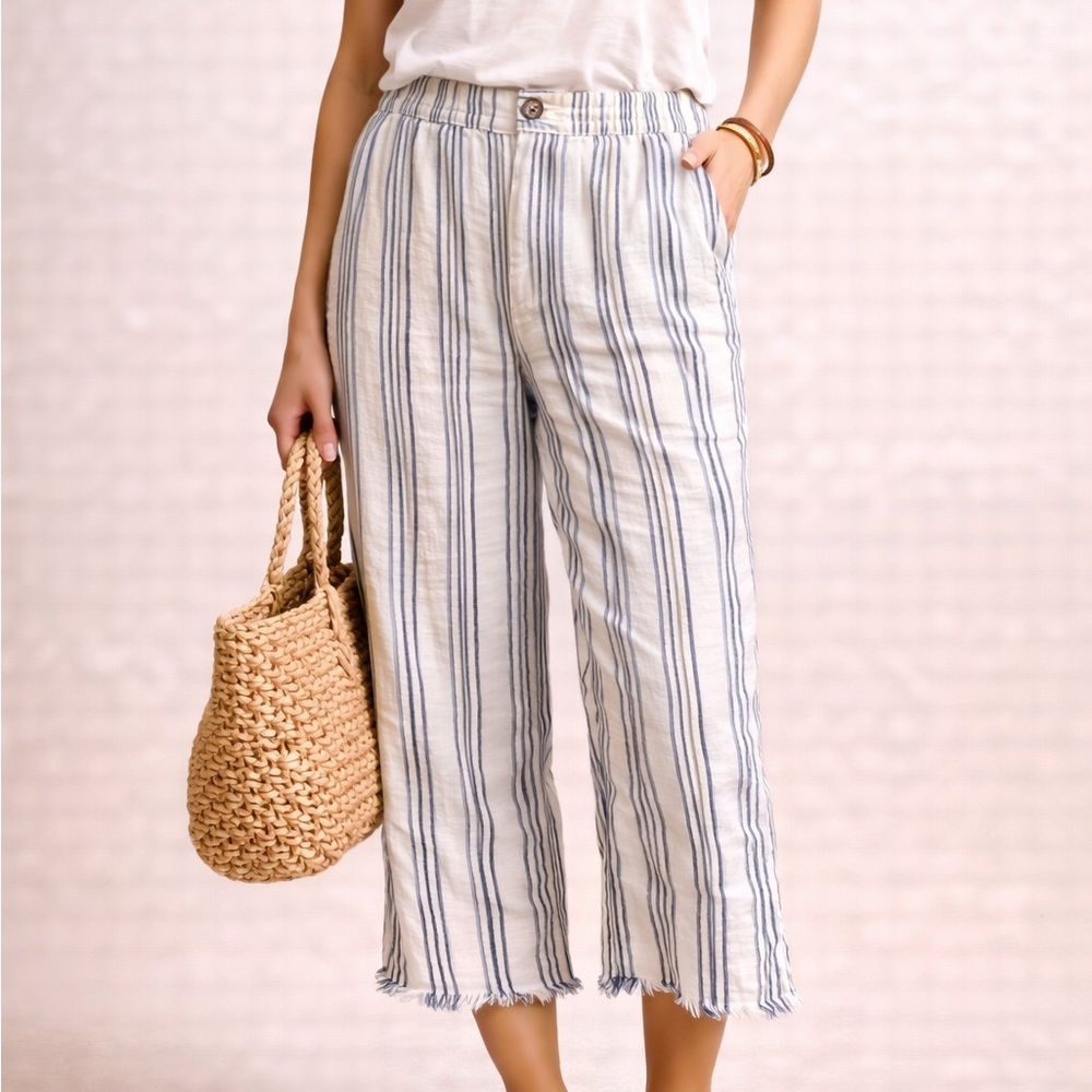 Coldwater Creek 100% Linen Cropped Pants 16P Striped Wide Leg Relaxed Coastal